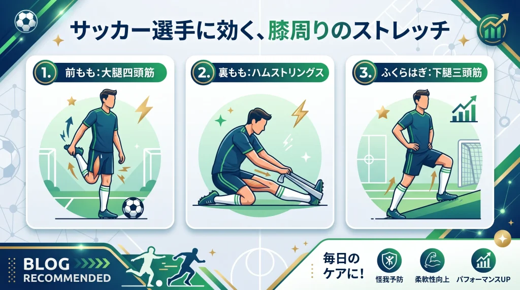 サッカー選手向けの膝周りのストレッチ（前もも・裏もも・ふくらはぎ）の手順をまとめた図解イラスト