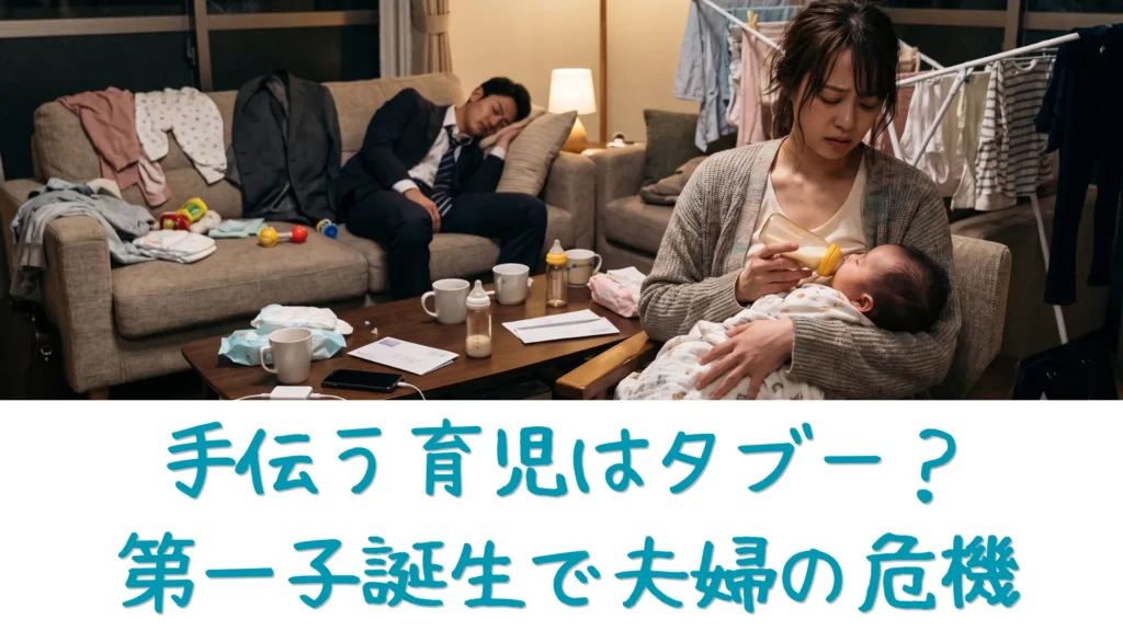 夜のリビングで、疲れた表情で赤ちゃんに哺乳瓶でミルクをあげている母親。後ろのソファでは、スーツ姿の父親が手伝わず眠りこけている。散らかった部屋が夜間ワンオペ育児の大変さを物語っている。