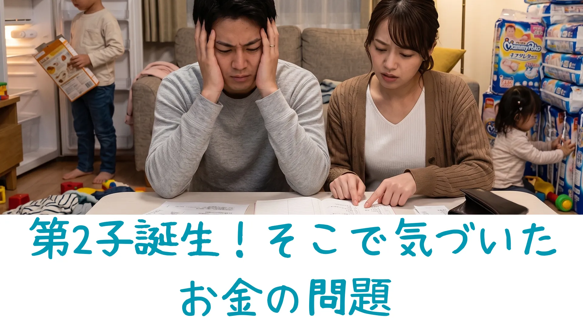 リビングで大量のおむつの山やレシートに囲まれ、家計簿を見ながらお金のやりくりに頭を抱えて嘆く夫婦。後ろでは冷蔵庫を開ける5歳の長男と、おむつの前で遊ぶ2歳の長女の姿がある。