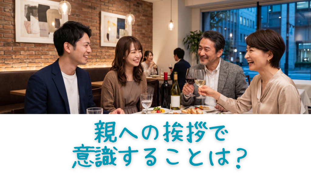小洒落たレストランで女性の両親とフランクに食事を楽しみながら結婚の挨拶をする若い男女