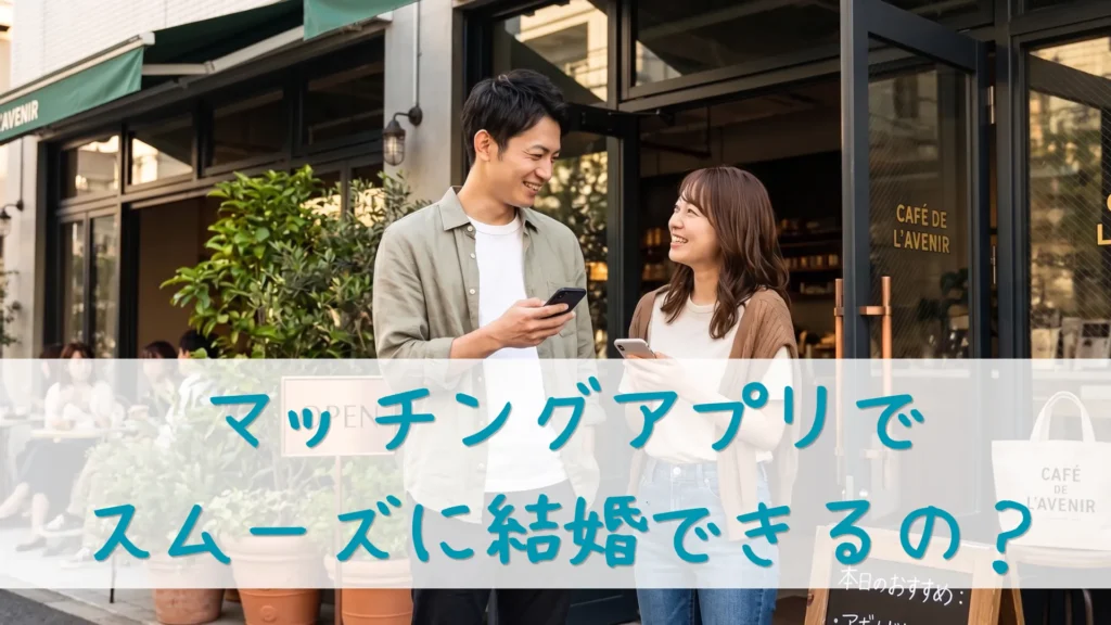 おしゃれなカフェの前でスマホを手に持ちながら笑顔で初めて対面する、マッチングアプリで出会った若い男女