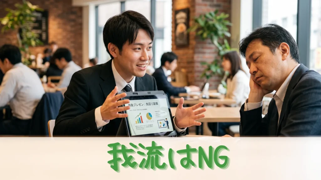 カフェでぎこちないスーツ姿の男性がタブレットでプレゼンし、顧客が居眠りしている様子