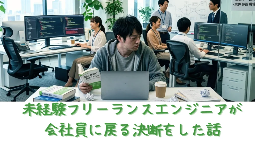 近代的なオフィスで、グレーのパーカーを着た男性が「初心者向け 日本語プログラミング」の本を持ち、困惑した表情でノートパソコンを見つめている。背景には自信満々に働くチームメンバーが写っている。