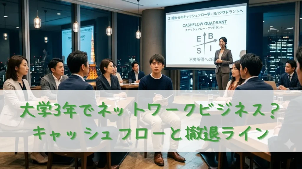 夜景の見える高層ビルで、MLMミーティングのキャッシュフロークワドラントのプレゼンを聞く若い男性