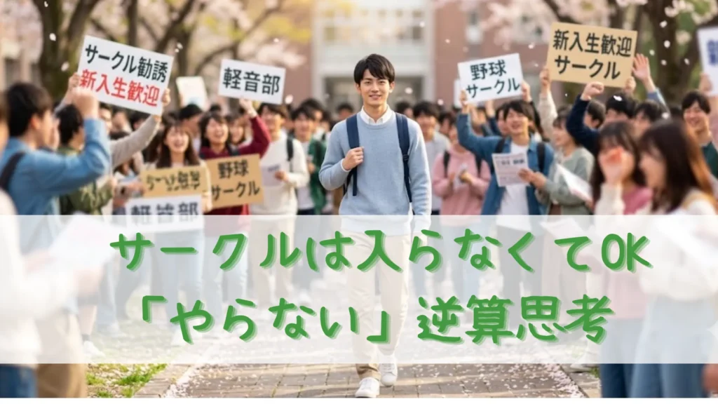 春の大学キャンパスで、賑やかなサークル勧誘を横目に自信に満ちた表情で歩く新入生の男子学生