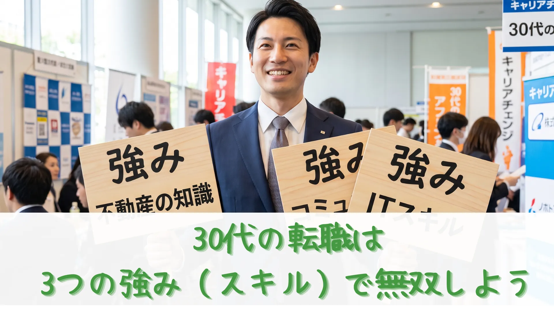 自信満々な笑顔で3枚の強みアピール看板を掲げる30代のスーツ男性。中央に「コミュ力」、左右に「不動産の知識」「ITスキル」と記載。背景には「30代の挑戦」の文字が見える。