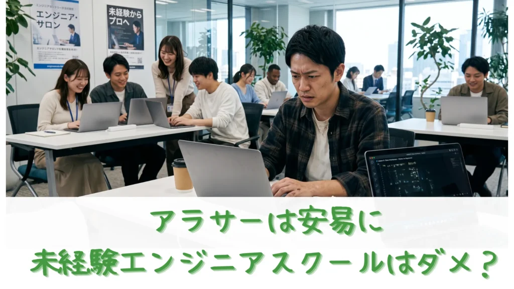 きれいなプログラミングスクールで周囲の20代前半の受講生たちが余裕の笑顔を見せる中、未経験からフリーランスエンジニアを目指して一人必死な表情でパソコンに向かう29歳男性。