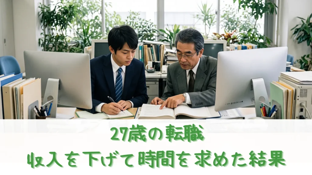 緑の見える雑多なオフィスで、最新モニターを前に定年間際の大先輩とデスクワークをする27歳男性社員