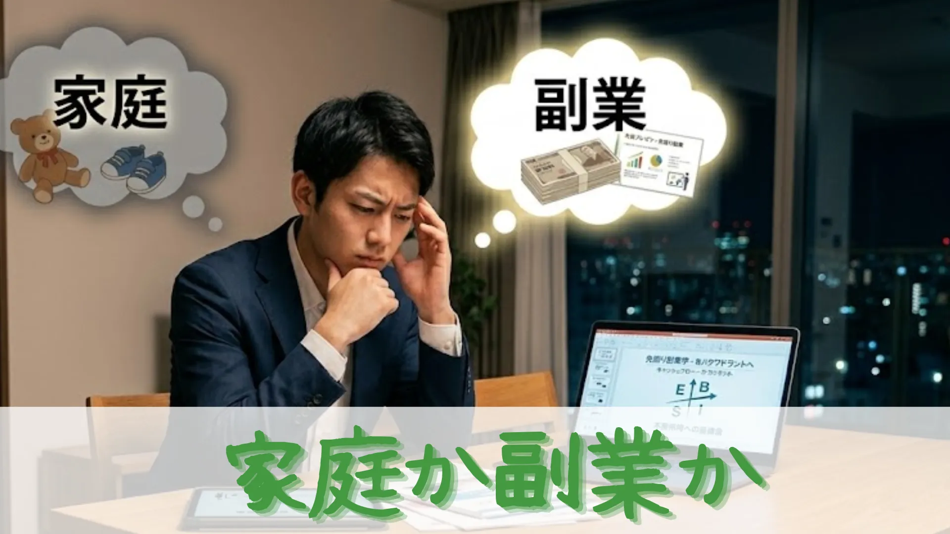 副業用のパソコンを前に、家庭と副業の狭間で深く葛藤するスーツ姿の男性