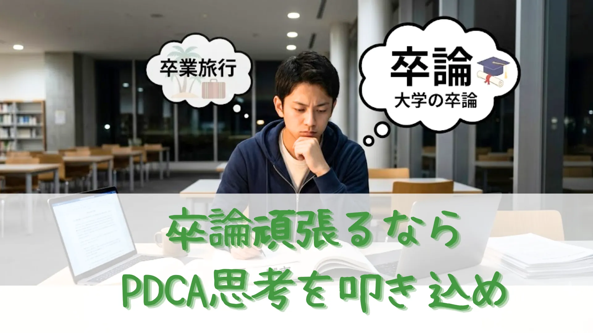 卒業旅行の誘惑を断ち切り、机に向かって卒論執筆に集中する男子大学生