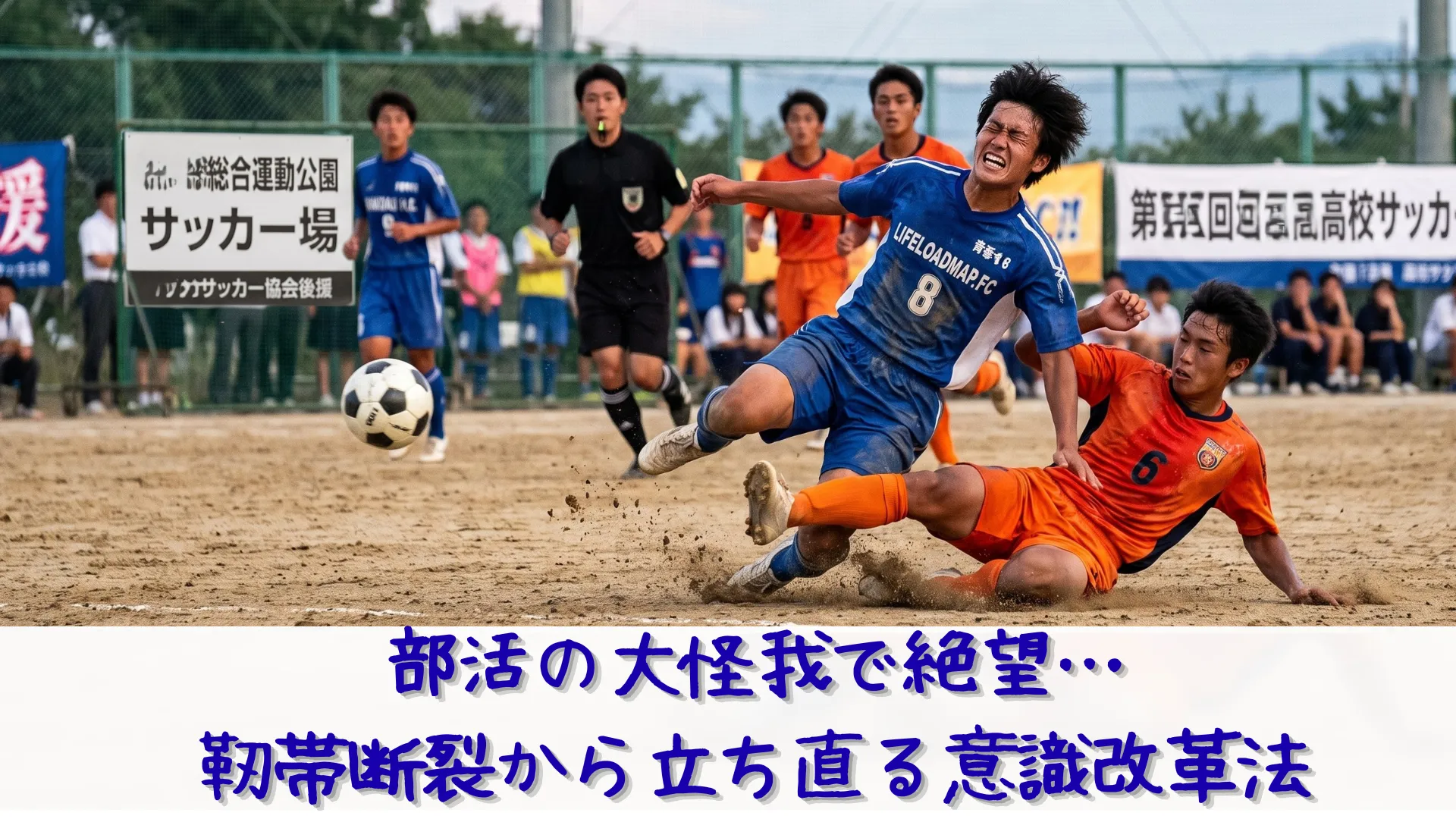 オレンジ色のチームの選手から激しいスライディングタックルを受けている。タックルされた選手は足をすくわれ、苦悶の表情を浮かべている。