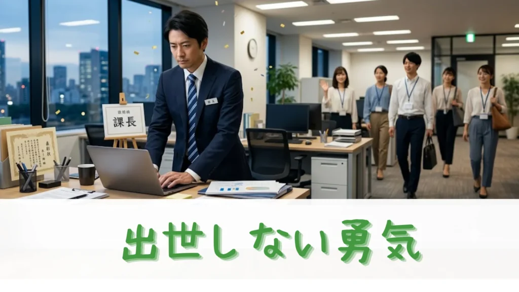 課長に昇格し夜のオフィスで一人残業をする37歳男性と、早々に退勤していく部下たちの様子