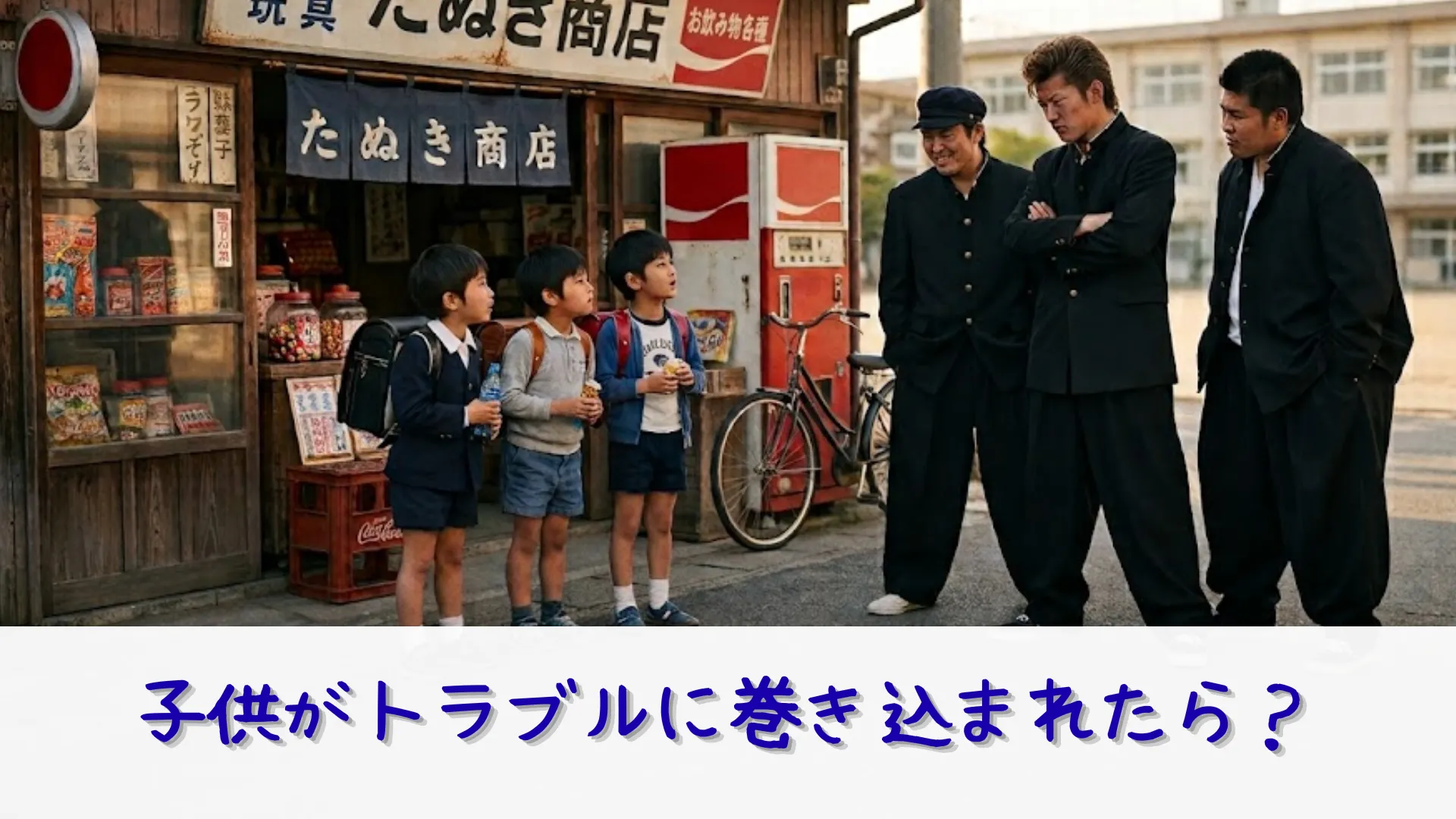 レトロな駄菓子屋の前で、だぼだぼの学生服を着た不良中学生3人に睨まれ、緊張して立ち尽くすランドセル姿の9歳の男の子たち