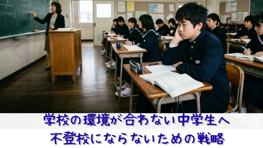 中学校の授業中、自分の席で頬杖をついて退屈そうにしている男子生徒。