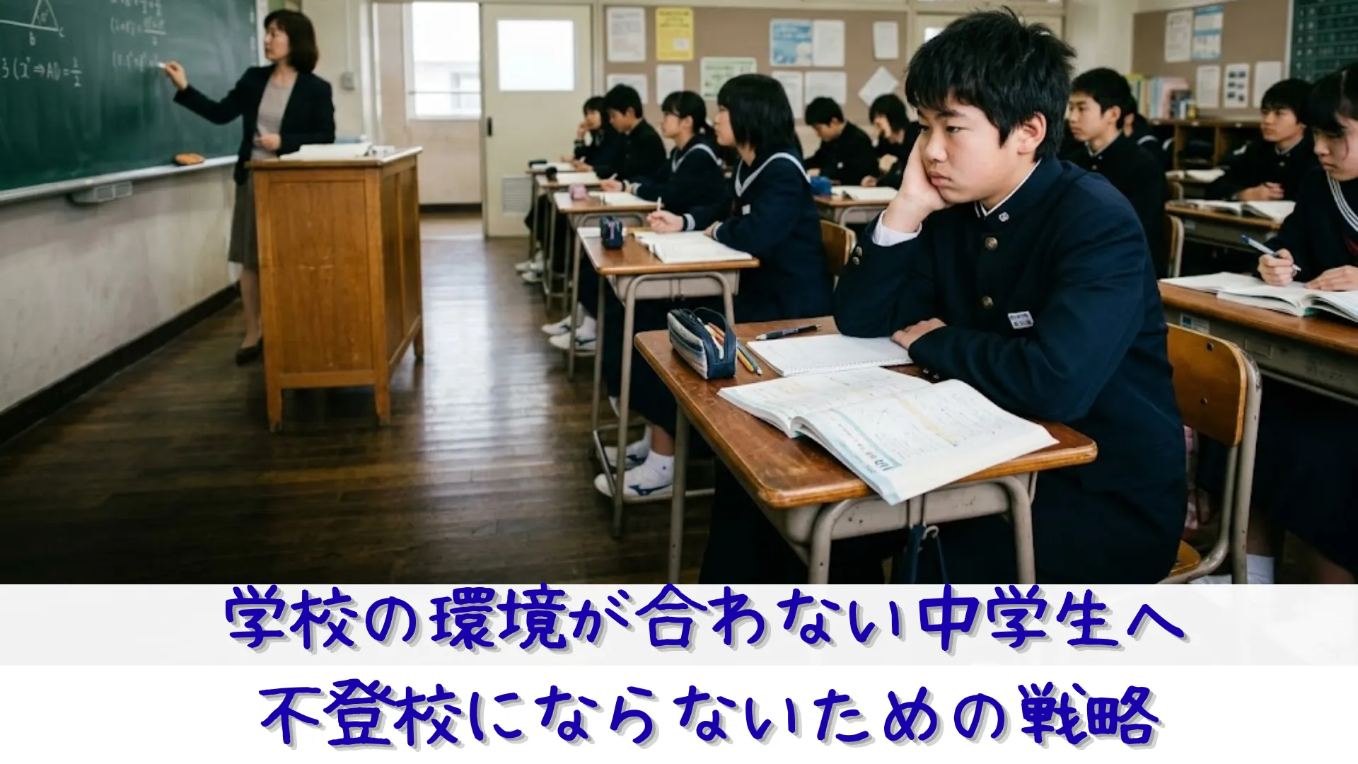 中学校の授業中、自分の席で頬杖をついて退屈そうにしている男子生徒。