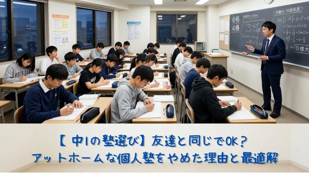 大手進学塾の教室で、私服姿の中学生たちが真剣な表情でスーツ姿の先生の授業を受け、切磋琢磨している様子