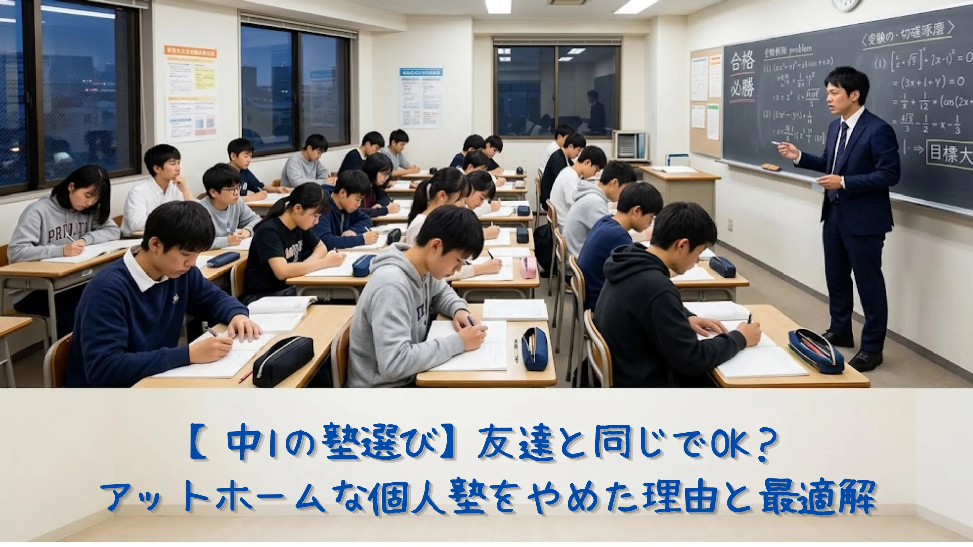 大手進学塾の教室で、私服姿の中学生たちが真剣な表情でスーツ姿の先生の授業を受け、切磋琢磨している様子