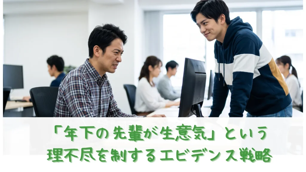 オフィスでパソコン作業をしながら苛立ちの表情を浮かべる男性社員と、その横で不敵な笑みを浮かべて生意気な態度をとる私服姿の年下社員。