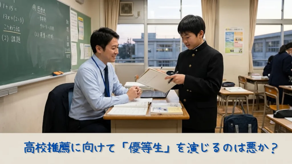 中学校の教室で、学ランを着た優等生の男子生徒が授業後にノートを開いて先生に質問している様子