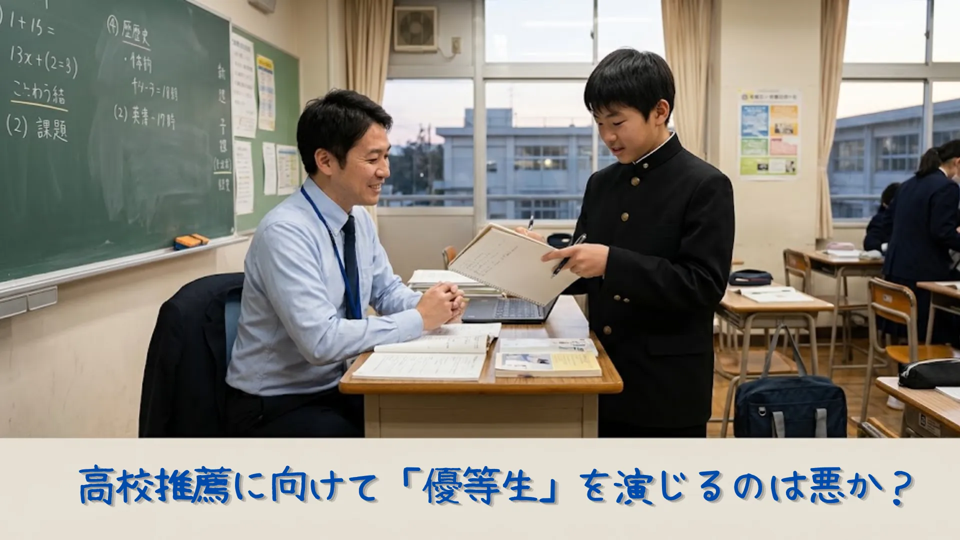 中学校の教室で、学ランを着た優等生の男子生徒が授業後にノートを開いて先生に質問している様子