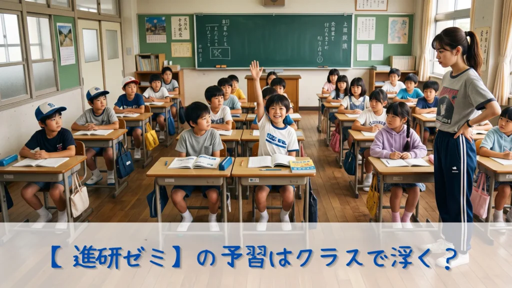 教室で、一人だけ予習をして自信満々に挙手をする男の子と、それを呆れ顔で見守るジャージ姿の若い女性教師