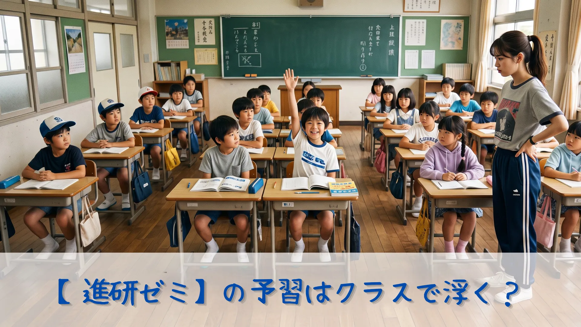 教室で、一人だけ予習をして自信満々に挙手をする男の子と、それを呆れ顔で見守るジャージ姿の若い女性教師