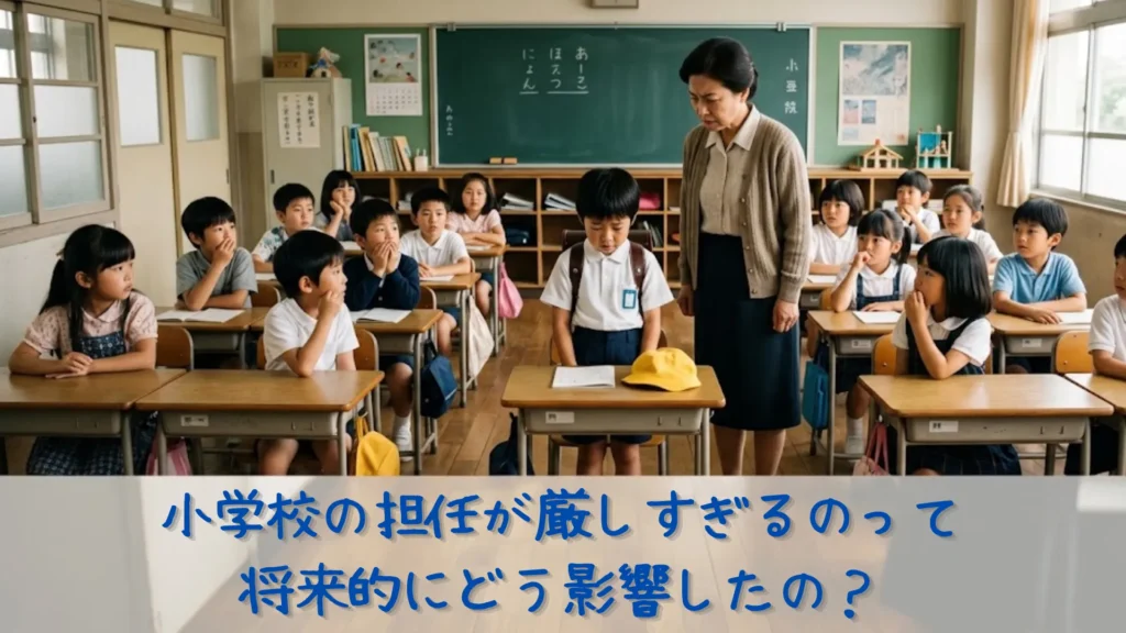 小学校の教室で、1年生の児童たちを厳しく指導する女性教師の様子