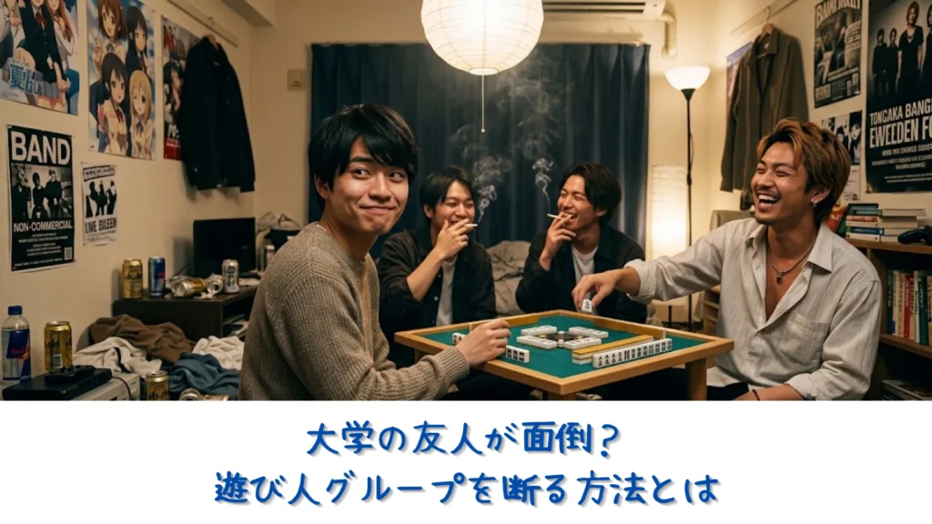 散らかった一人暮らしの部屋で、友人たちと楽しく麻雀を囲みながらも「本当にこのままでいいのか」と将来への不安から苦笑いを浮かべる20歳の大学生