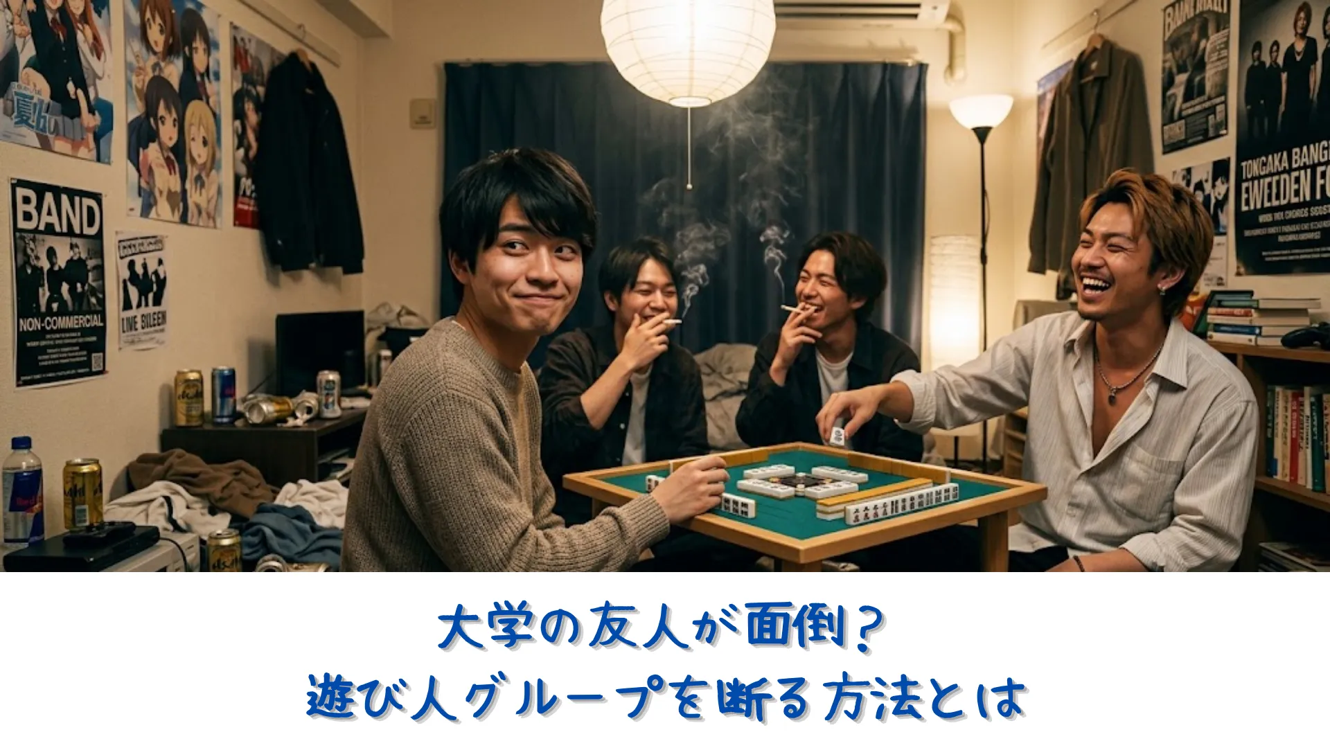 散らかった一人暮らしの部屋で、友人たちと楽しく麻雀を囲みながらも「本当にこのままでいいのか」と将来への不安から苦笑いを浮かべる20歳の大学生