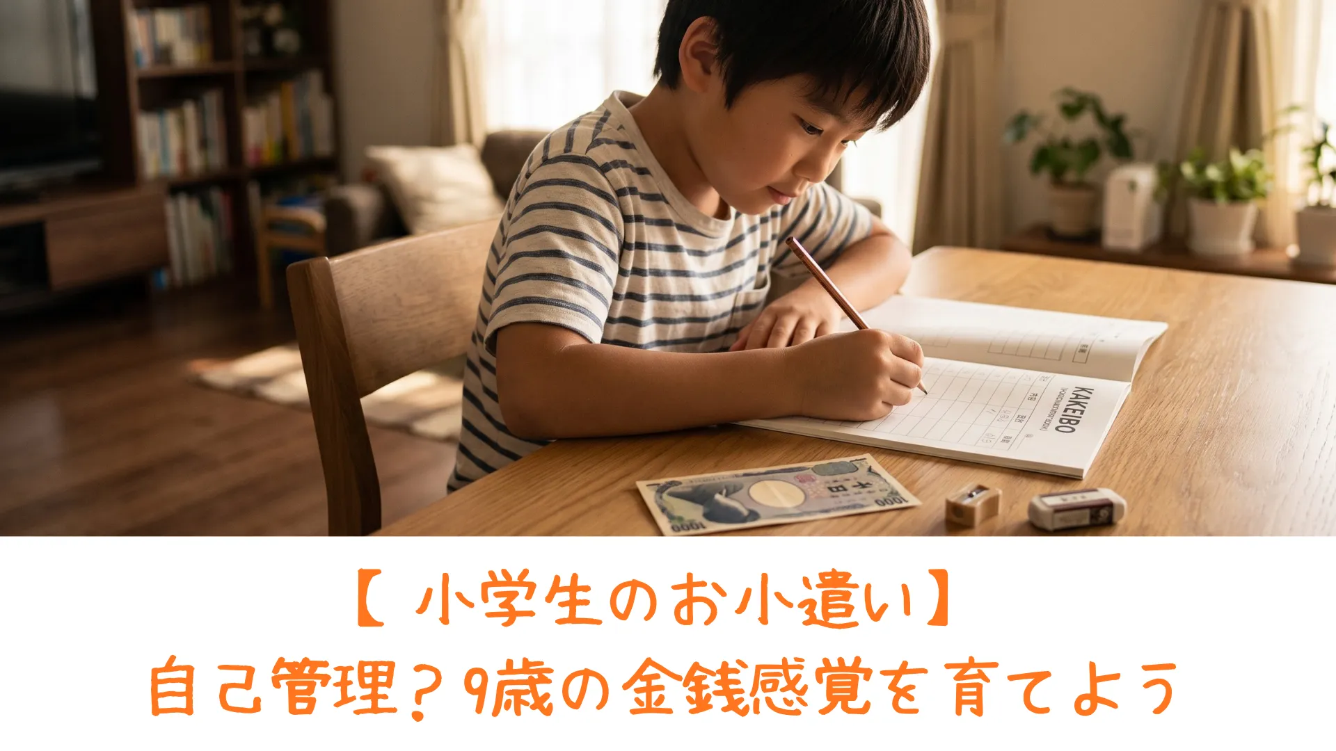 自宅の机に1000円札を置き、真剣な表情でA4ノートの家計簿に書き込みをしている9歳の男の子の様子