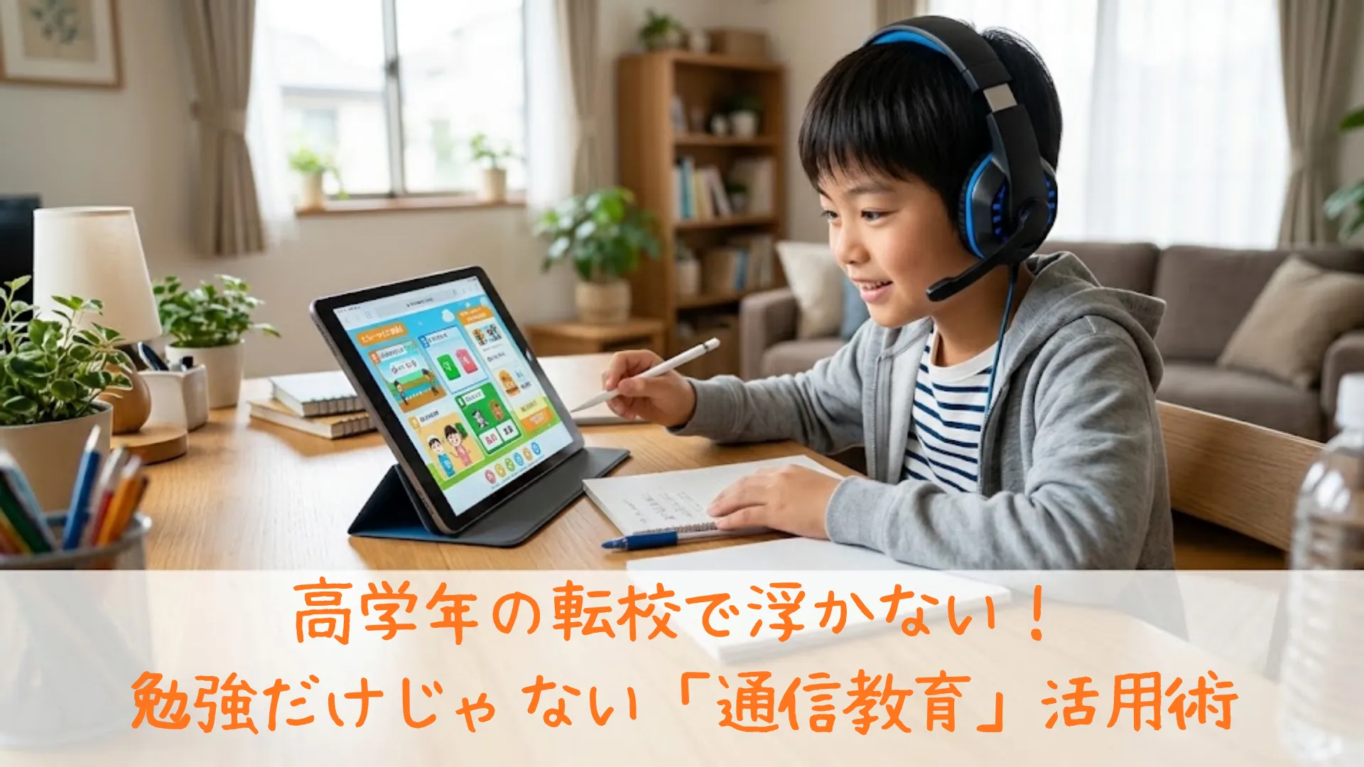 自宅のリビングでヘッドホンをつけ、タブレットを使った通信教育で真剣に学習している10歳の男の子の様子