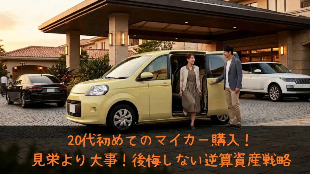 黒や白の高級車が並ぶ高級ホテルのエントランスに、淡い黄色のファミリーカーで乗り付けて笑顔で車から降りる28歳の新婚夫婦