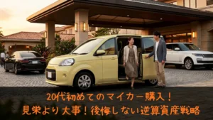 黒や白の高級車が並ぶ高級ホテルのエントランスに、淡い黄色のファミリーカーで乗り付けて笑顔で車から降りる28歳の新婚夫婦