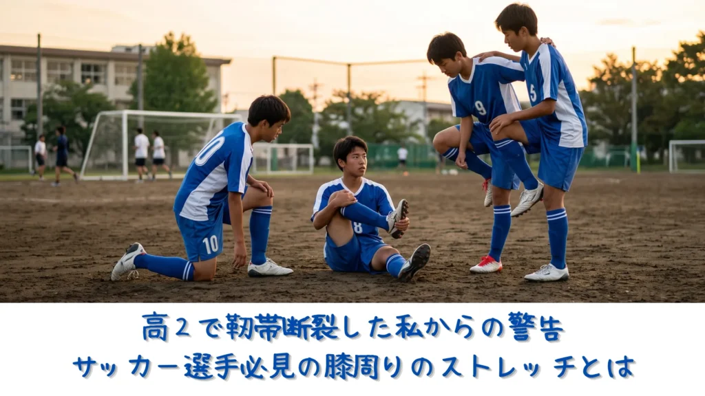 夕暮れ時の土のグラウンドで、怪我予防（先回り）のために膝周りのストレッチを入念に行う高校男子サッカー部員たちの様子。仲間と協力してメンテナンスをしている。
