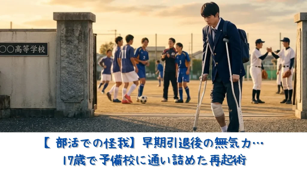 右ひざの靱帯を断裂して松葉杖をつきながら校門から下校する18歳の男子高校生。背景では他の生徒たちが楽しく部活動をしている様子。