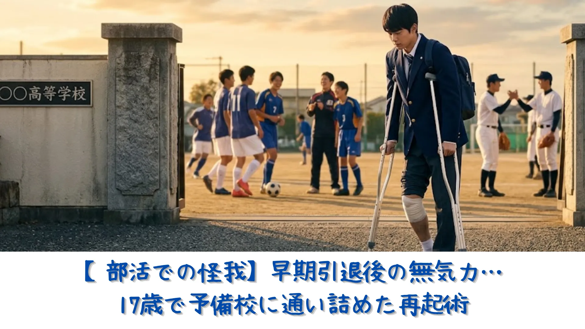 右ひざの靱帯を断裂して松葉杖をつきながら校門から下校する18歳の男子高校生。背景では他の生徒たちが楽しく部活動をしている様子。