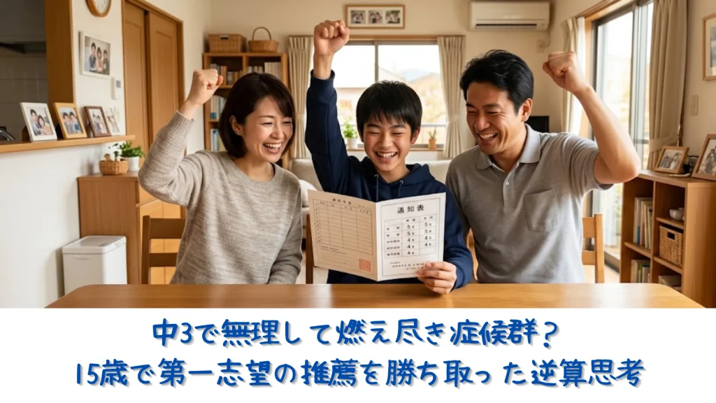 自宅のリビングで、通知表を見ながら笑顔でガッツポーズをして喜ぶ中学生の男子生徒と両親の様子
