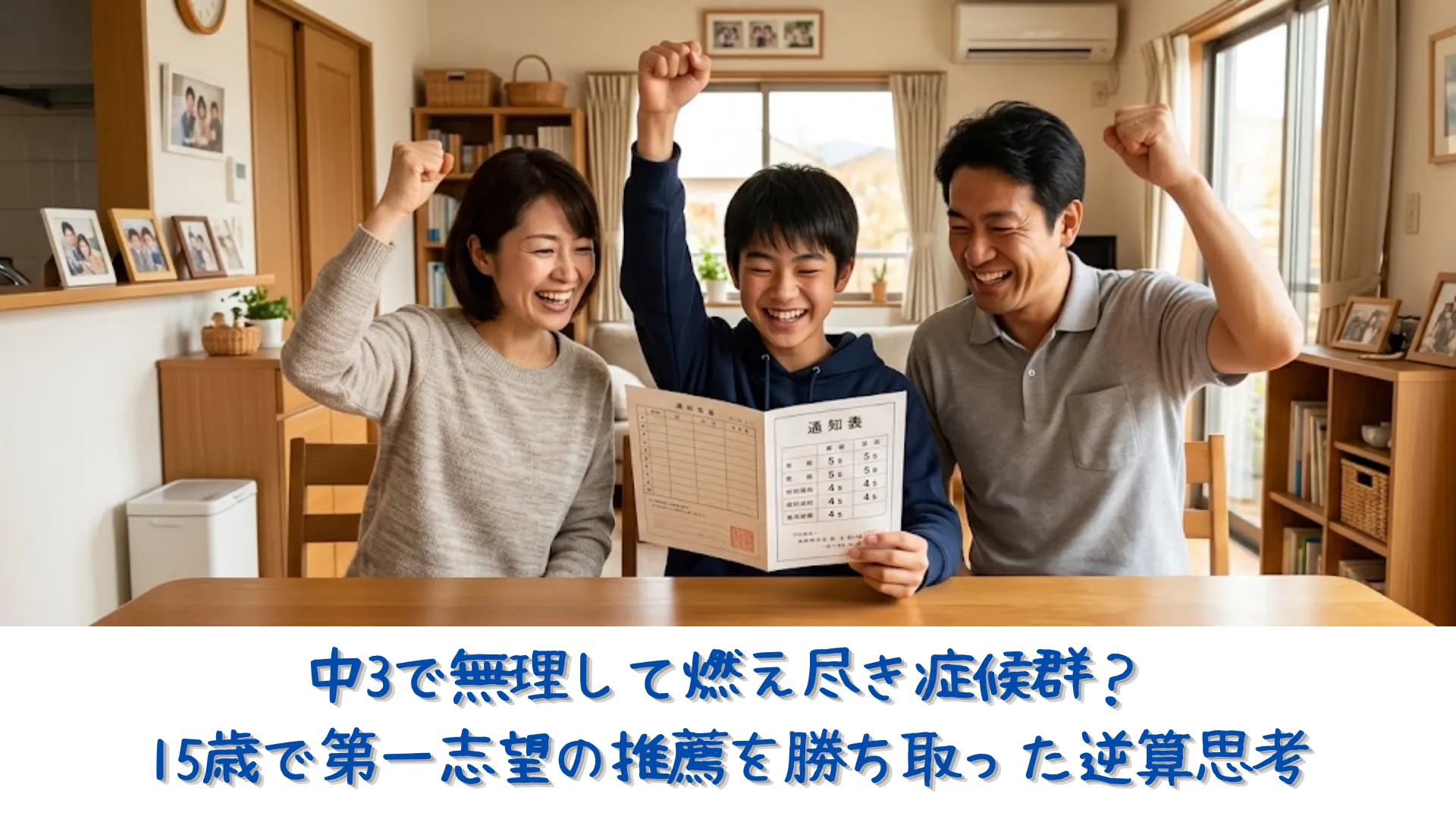 自宅のリビングで、通知表を見ながら笑顔でガッツポーズをして喜ぶ中学生の男子生徒と両親の様子