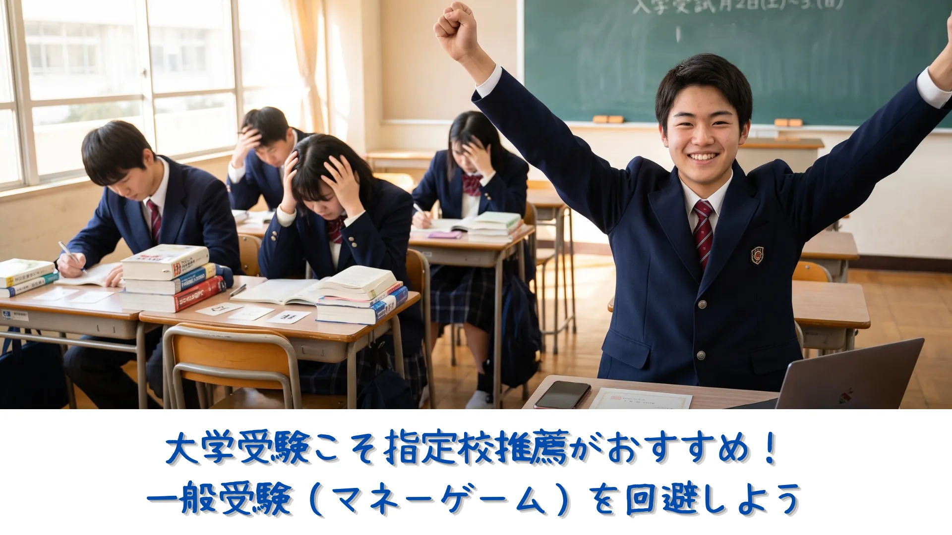 学校の教室で、指定校推薦が決まり余裕の笑顔でガッツポーズをする男子高校生と、その背景で参考書に向かって必死に受験勉強をしている他の生徒たちの様子