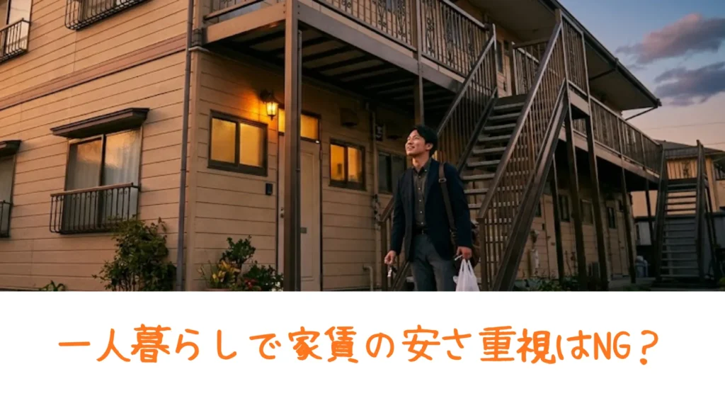 夕暮れ時、築古だがきれいに管理された木造アパートに、買い物袋を持ってほっとした表情で帰宅する23歳の社会人男性の様子。
