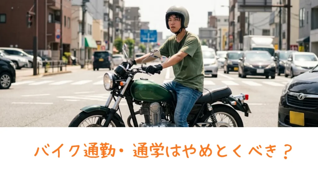 真夏の強い日差しの中、赤信号で停車したバイクにまたがり、大量の汗をかいて暑さに耐える19歳の大学生ライダーの様子